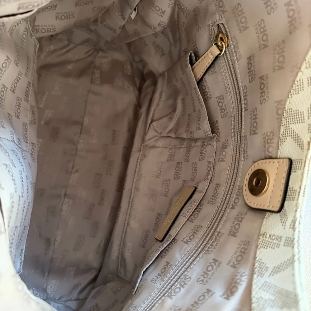 Michael Kors Cream Monogram Shoulder Bag with Gold Accents